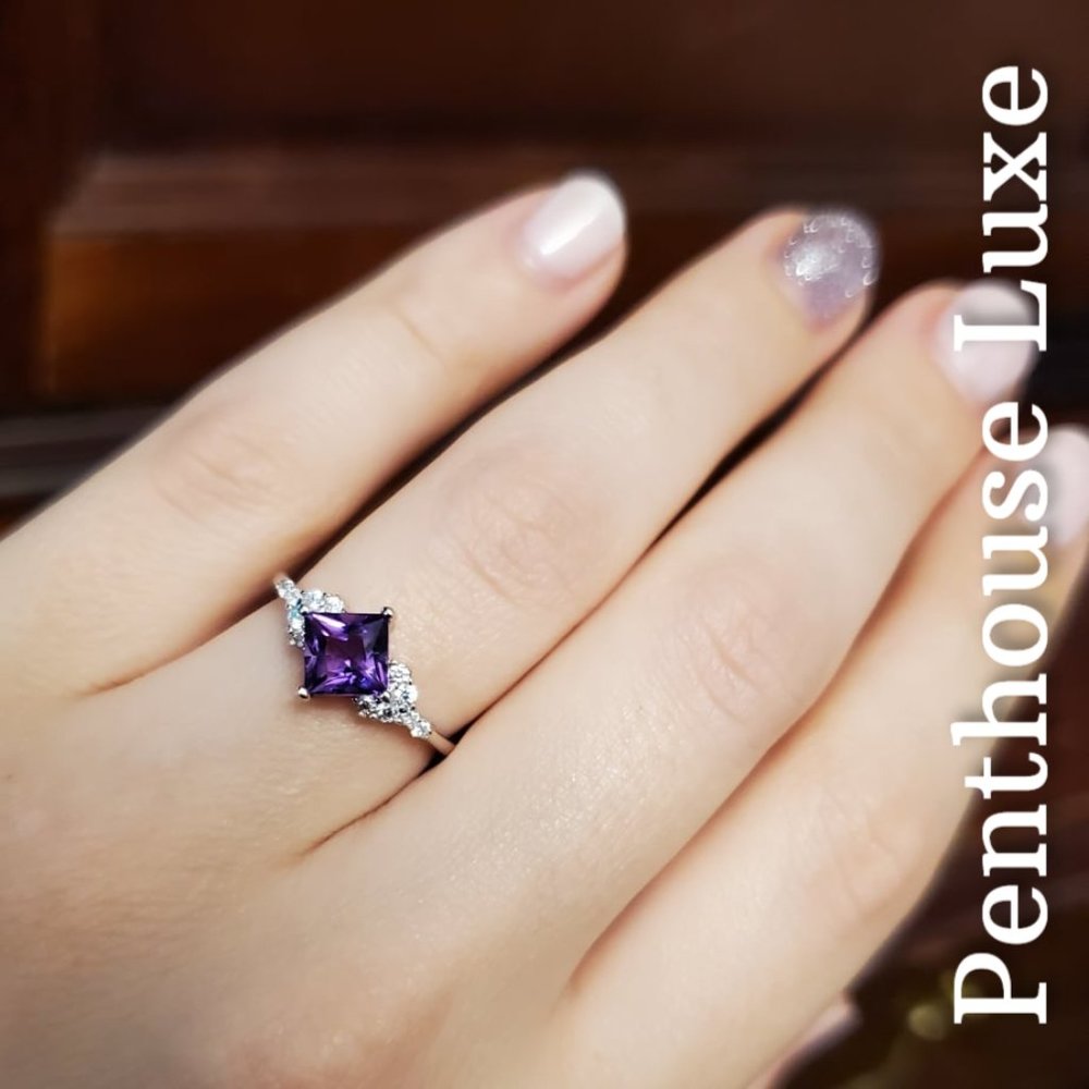 SOLID Sterling Purple Amethyst Princess Cut Ring